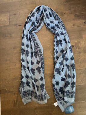 Lucky Brand NWT Blue Patterned Wool Blend Scarf Fringe MSRP $49